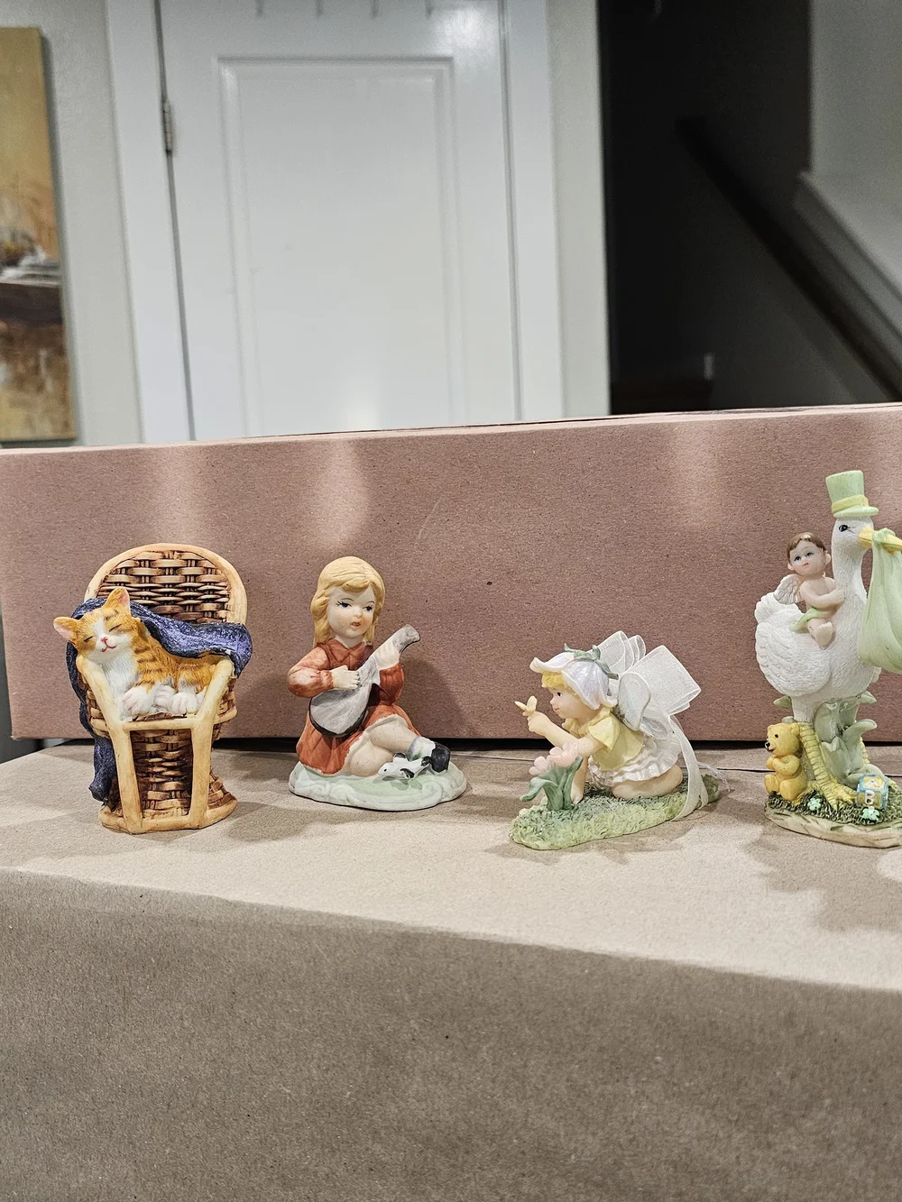 4 Vintage Porcelain Figurines, Enesco Fairy, Sleeping Cat, Stork And Mand. Girl